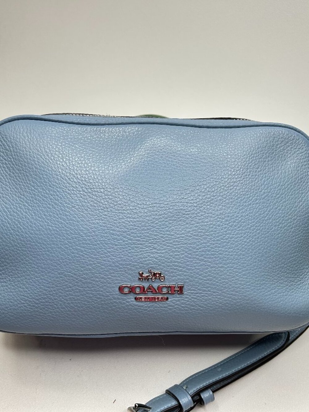 COACH Jes F39856 Dusty Blue Pebble Leather Crossbody Bag Double Zip Compartments